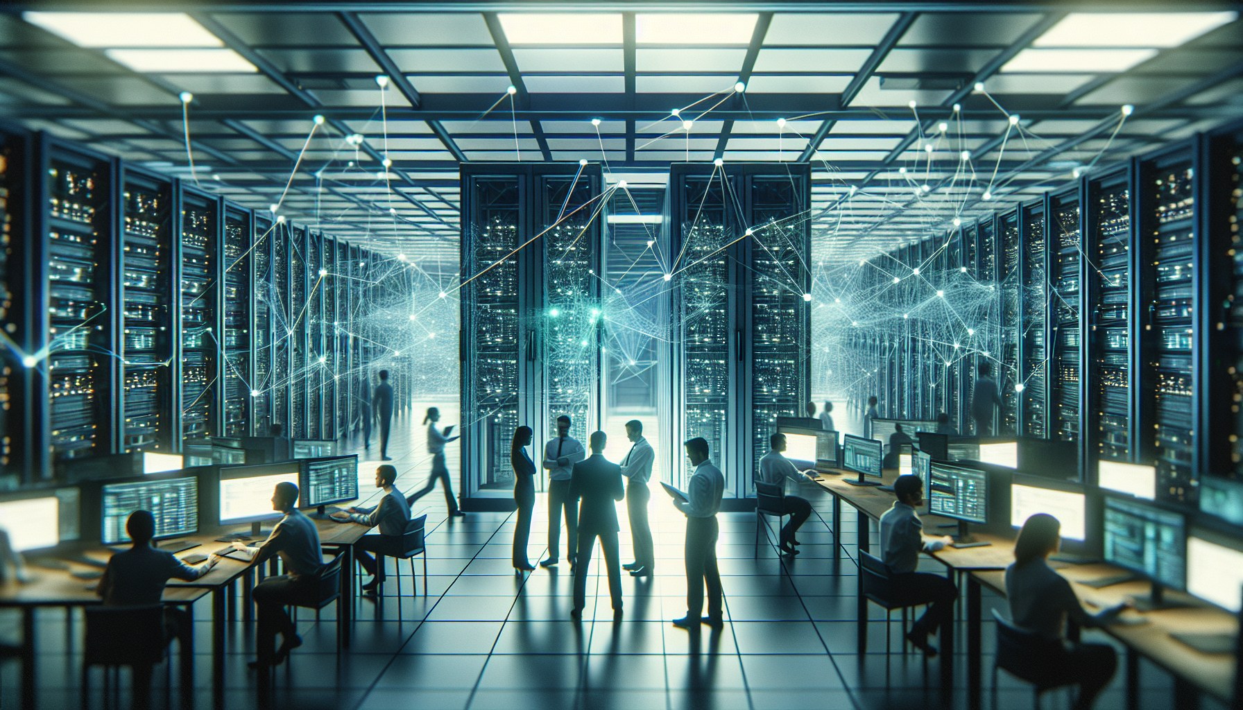 Create a candid, unposed moment depicting a diverse group of people working in a high-tech server room. The room is fill