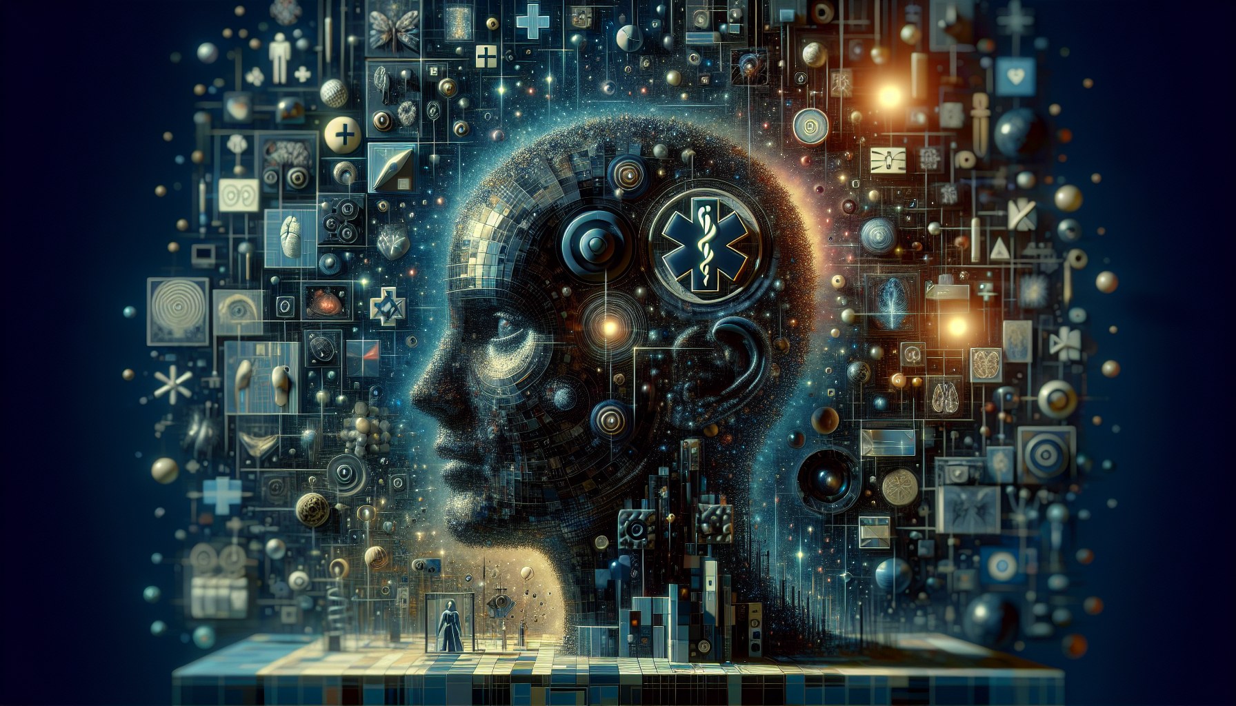 Depict a distorted mesh of space-time filled with medical symbols, a representation of a hyperbolic artificial intellige