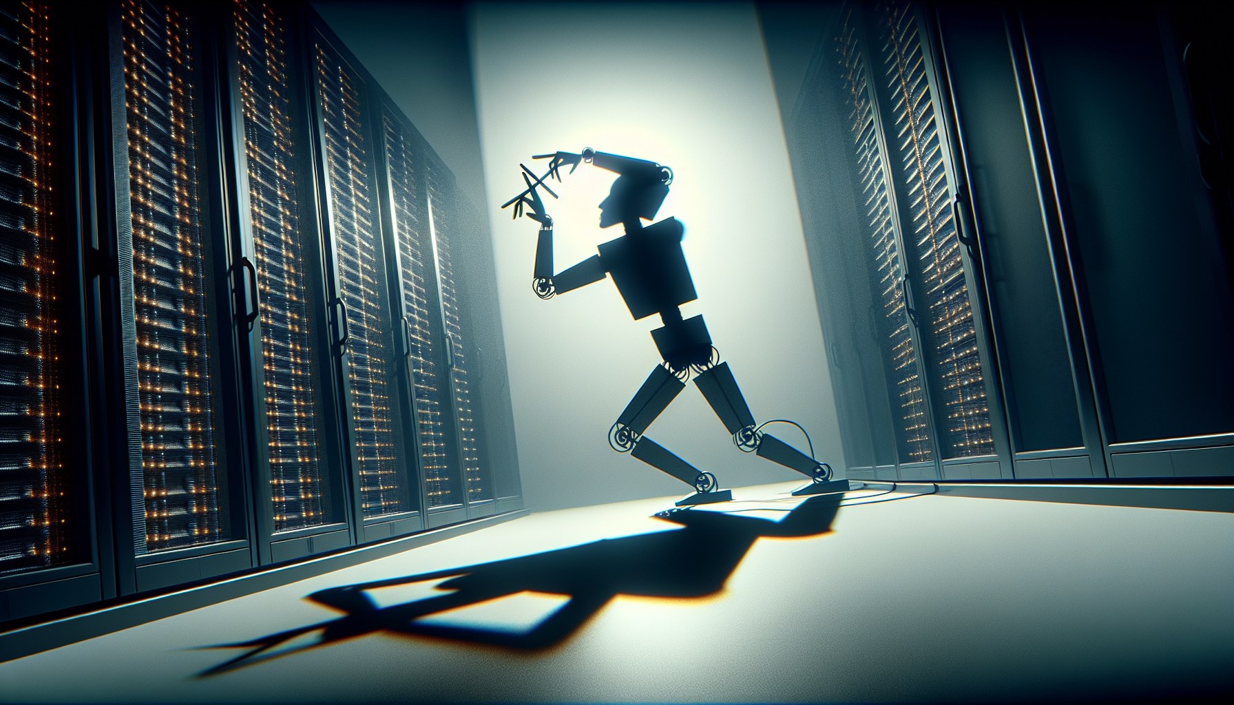 Illustration capturing the dramatic scene of a robotic shadow puppeteering the cross sign with its fingers behind its ba