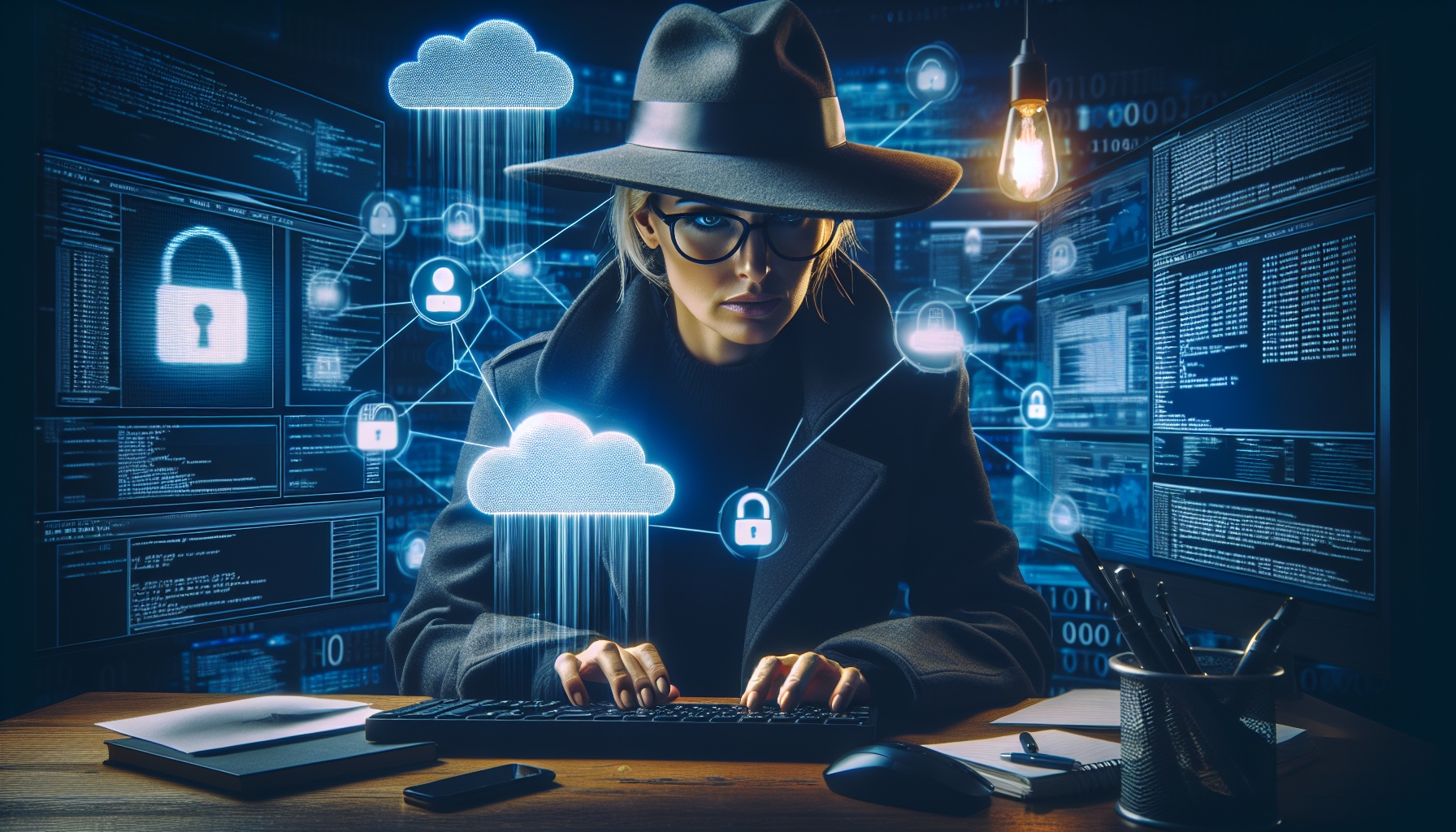 Create an image of a hacker, specified as a professional in a business context, with a photo-realistic editorial news ph