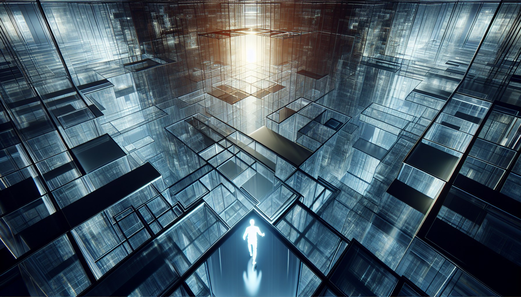 An elevated, wide-angle perspective of a labyrinth made entirely out of glass, with various sections of the floor missin