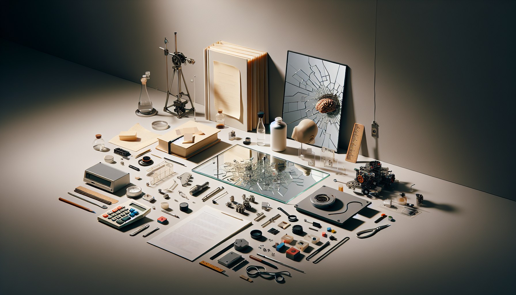 This is a 16:9 composition, capturing a thought-provoking still life scene on a clean, neutral surface. Picture a collec