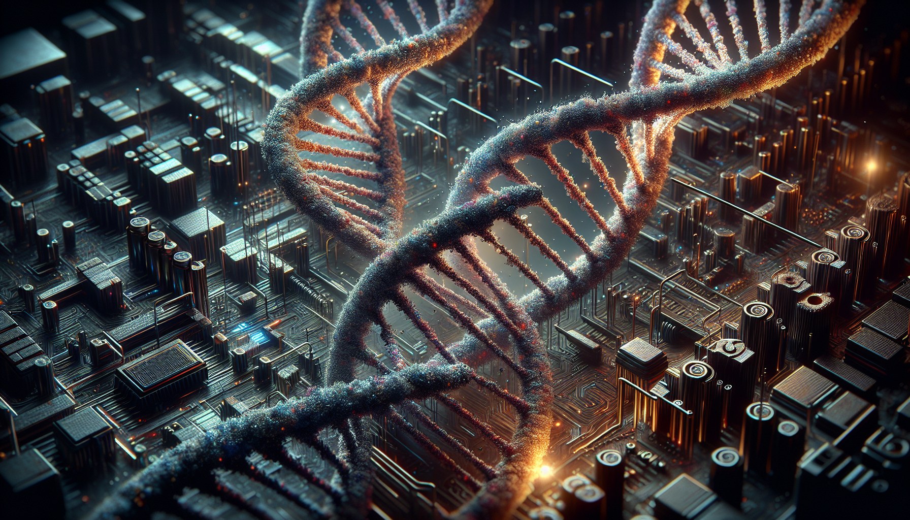 Depict two intertwining mathematical equations resembling a DNA spiral. The image should have a microscopic perspective,