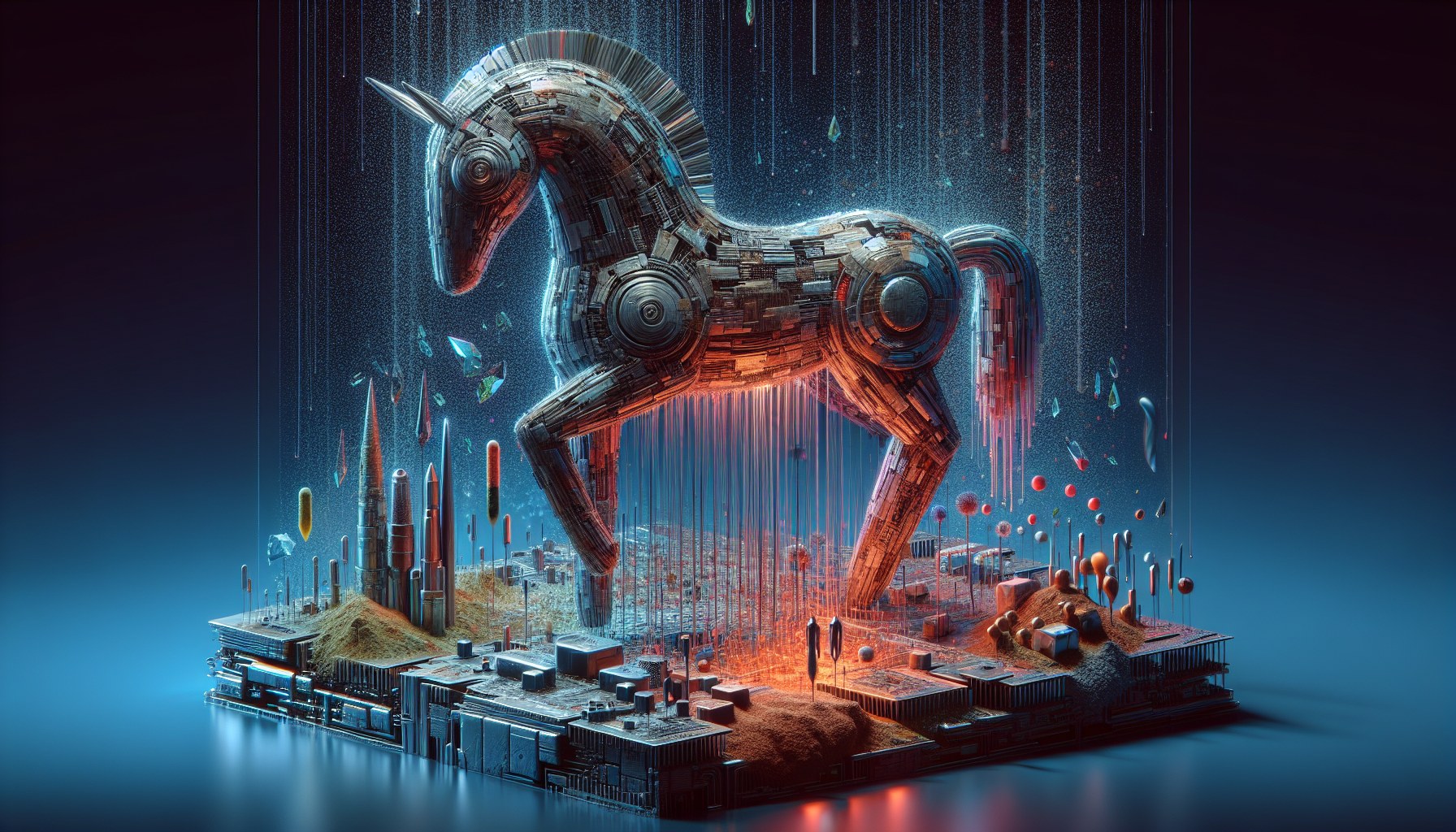 Depict a visually intriguing extreme macro photograph scene revolving around the concept of the Trojan Horse but abstrac