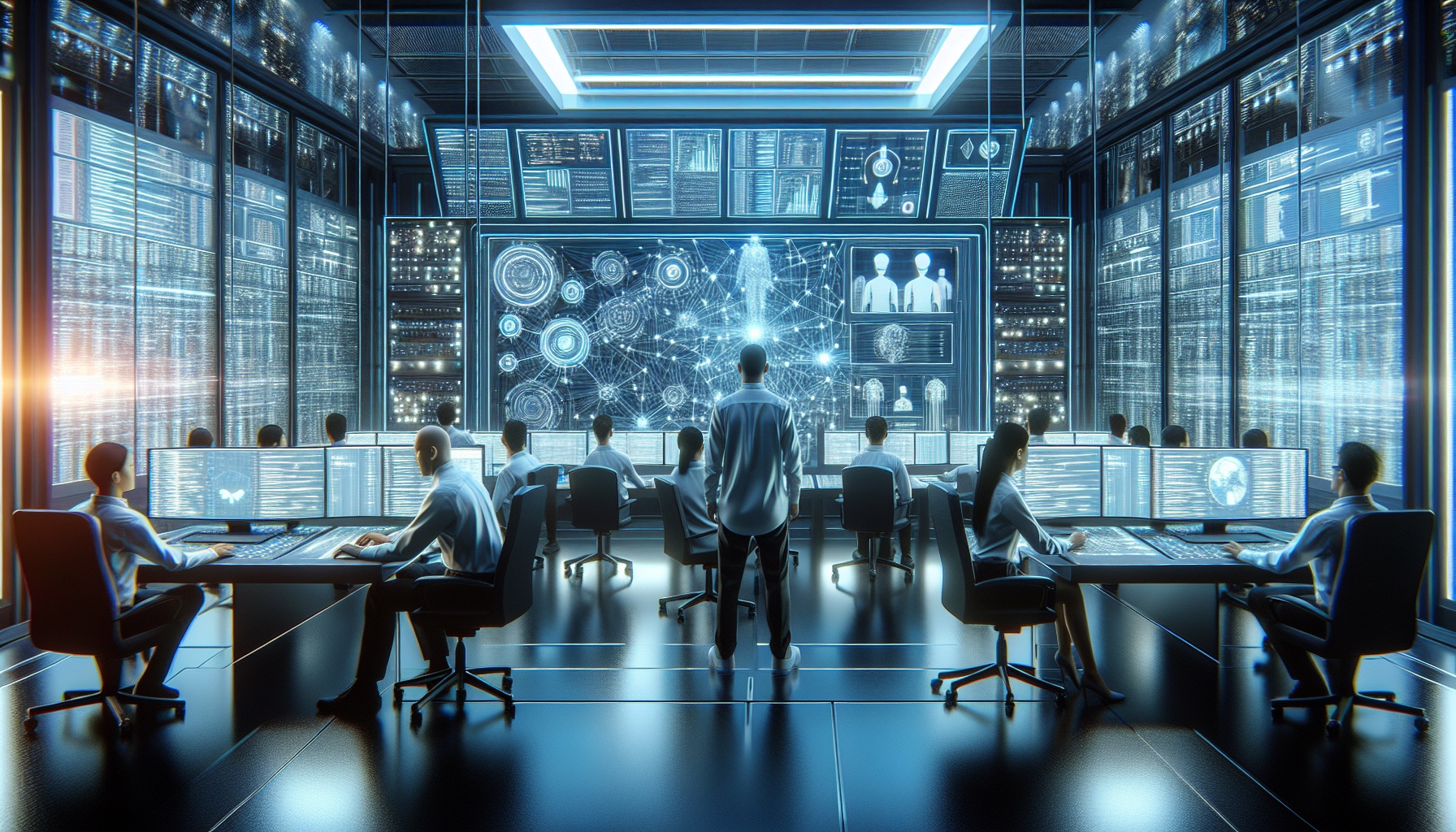 Visualize a state-of-the-art DevOps control room positioned in a ultramodern technological environment. An intricate AI-