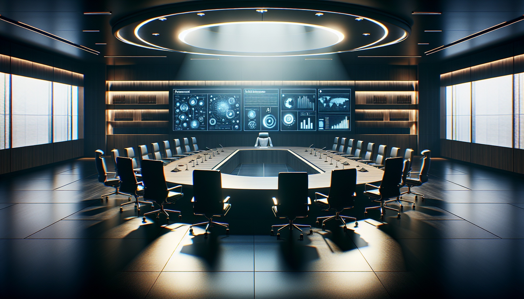 The empty boardroom of a corporate headquarters is illuminated by dramatic, high-contrast lighting that gives the scene 