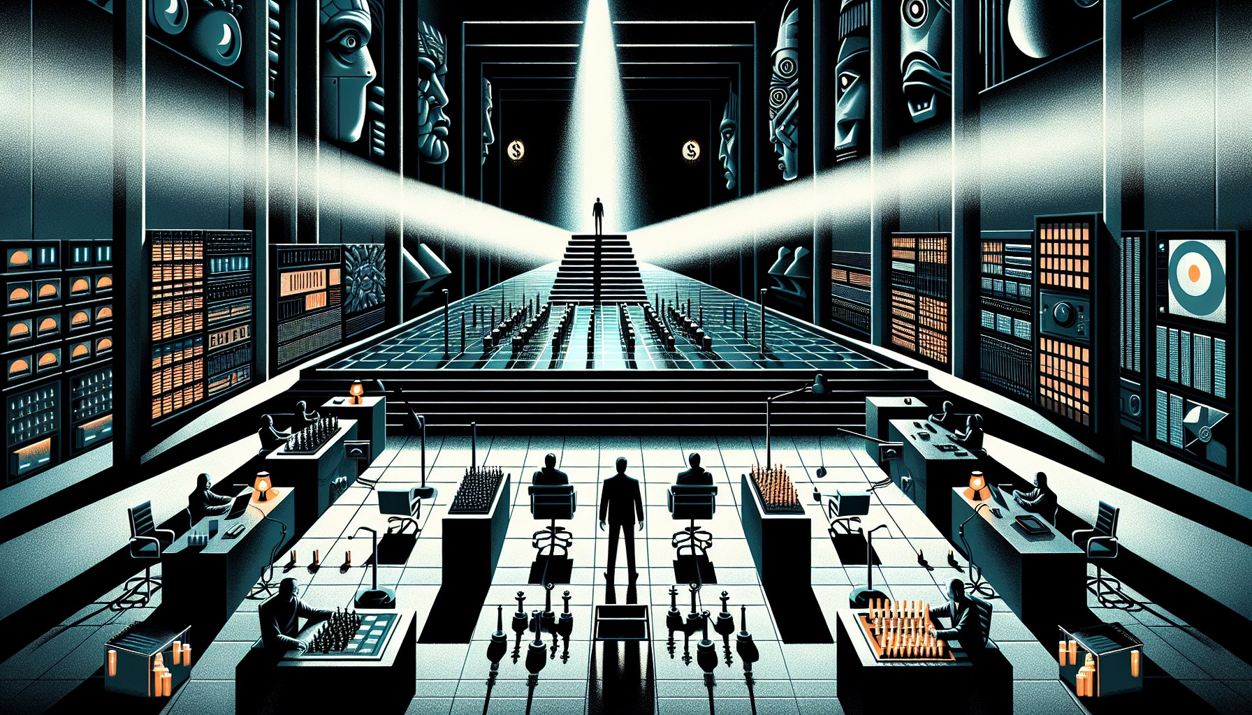 Create a dramatic, cinematic editorial illustration. Embody a fusion of a Stanley Kubrick movie still, a Wired magazine 