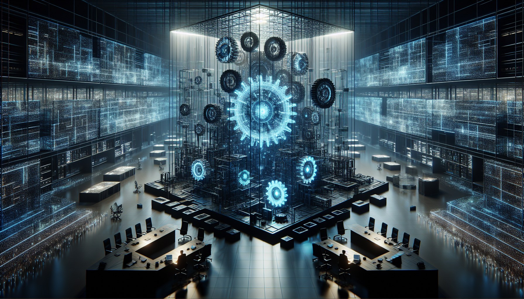 Imagine a digital landscape that encapsulates the border where chaos meets order. In the center of this scenery stands a