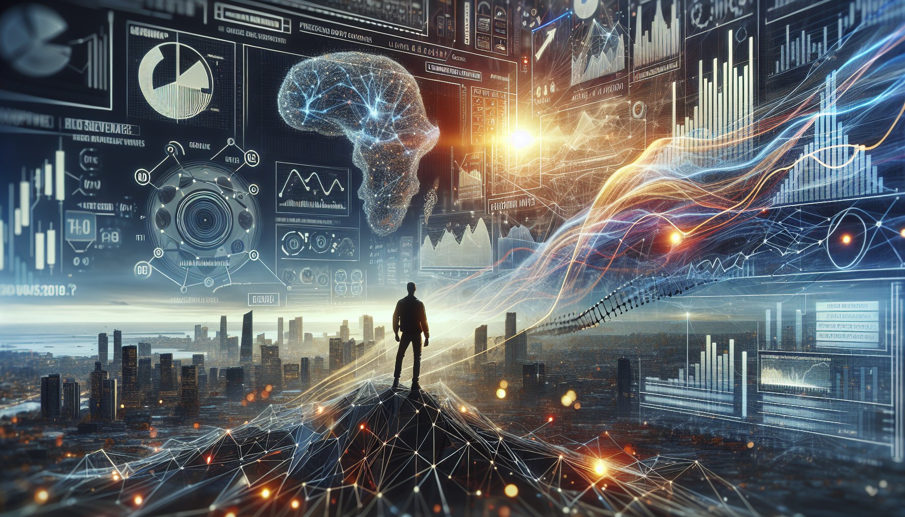 Create a dynamic, photorealistic editorial illustration with elements of neural networks and growth graphs, symbolizing 