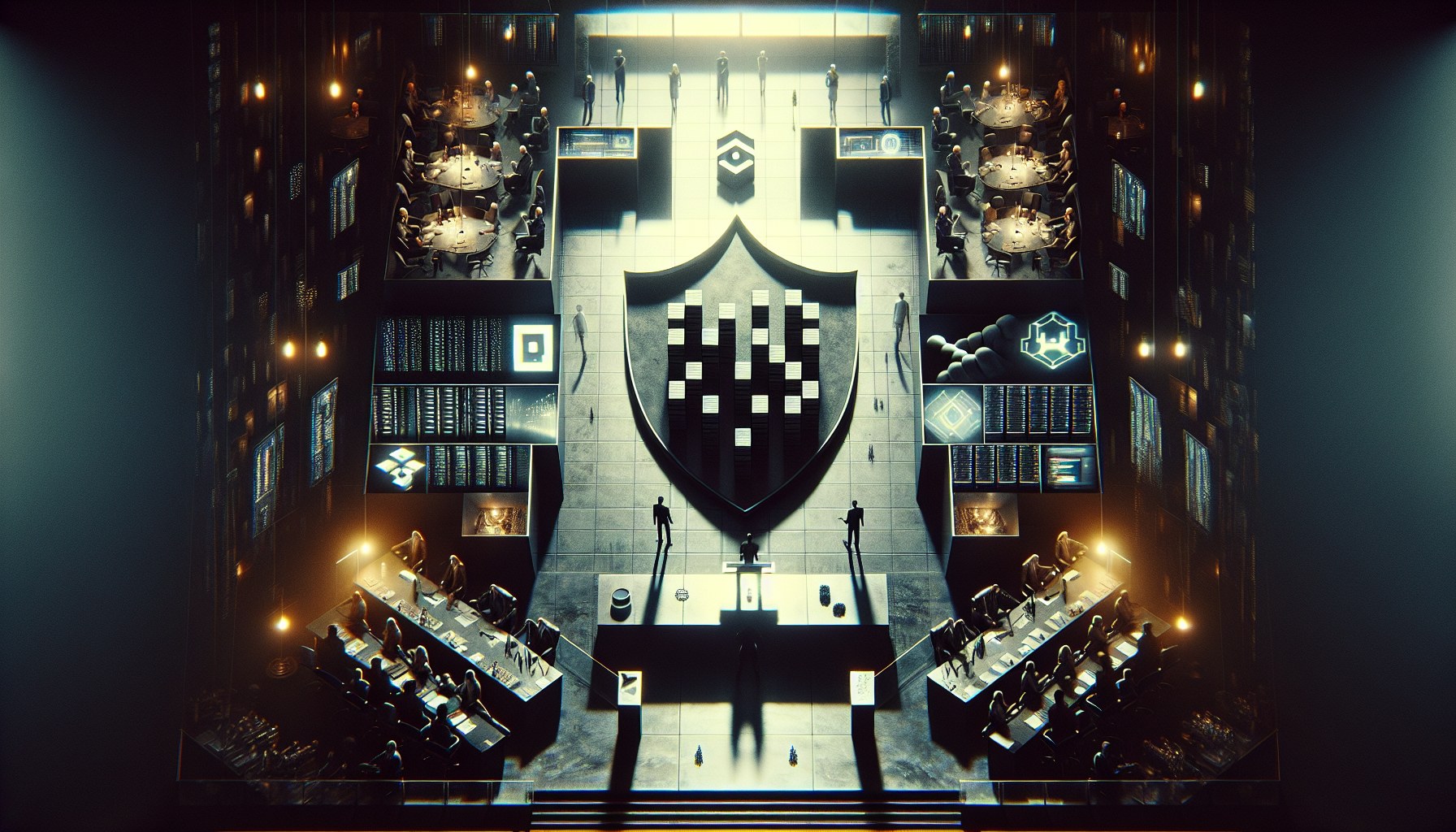 Generate a photorealistic image with a brutalist art-house film poster aesthetic. Imagine a shield or a castle with the 