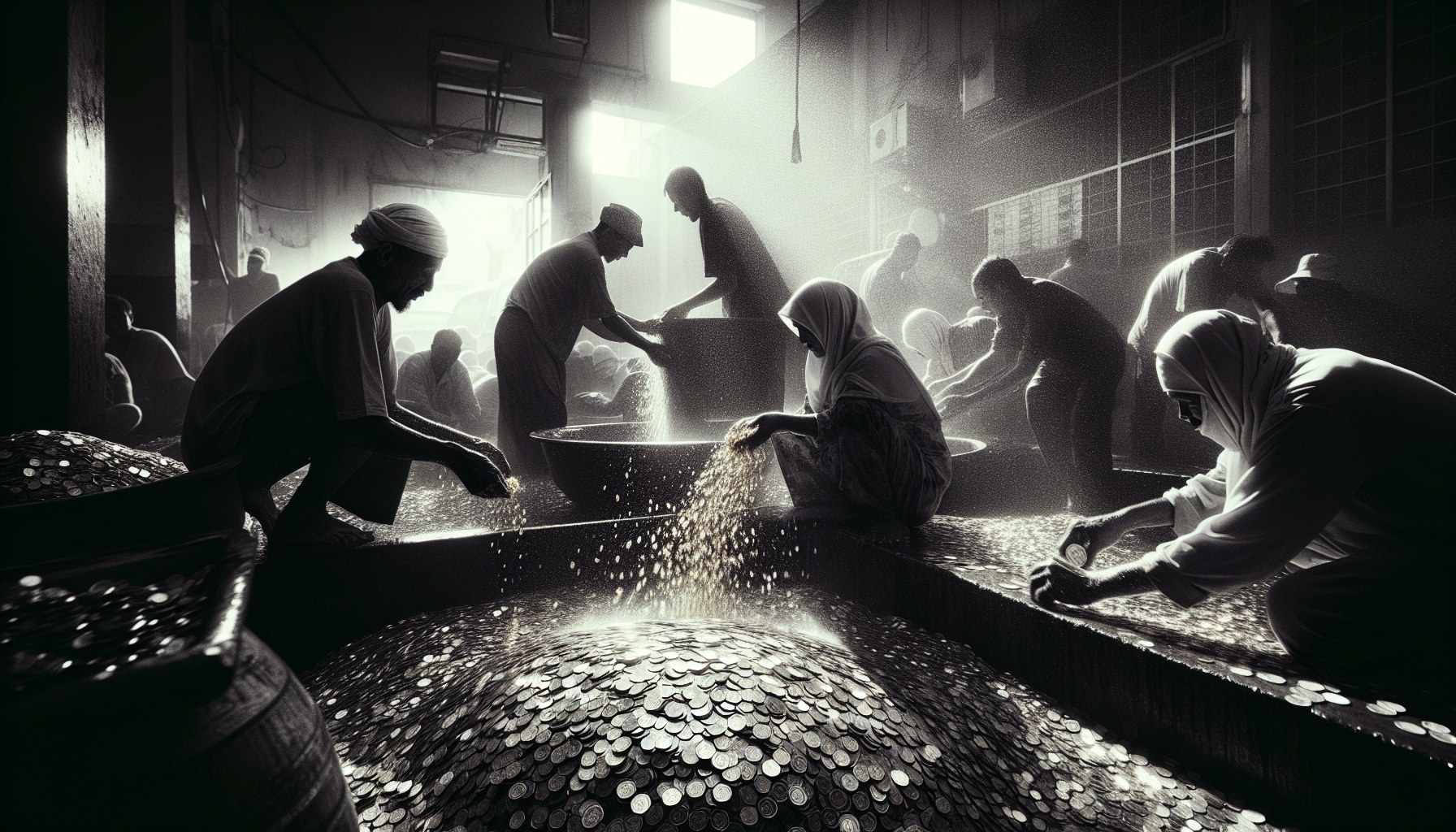 Echo the style of high-contrast, black-and-white documentary photography, similar to the Magnum agency aesthetic associa