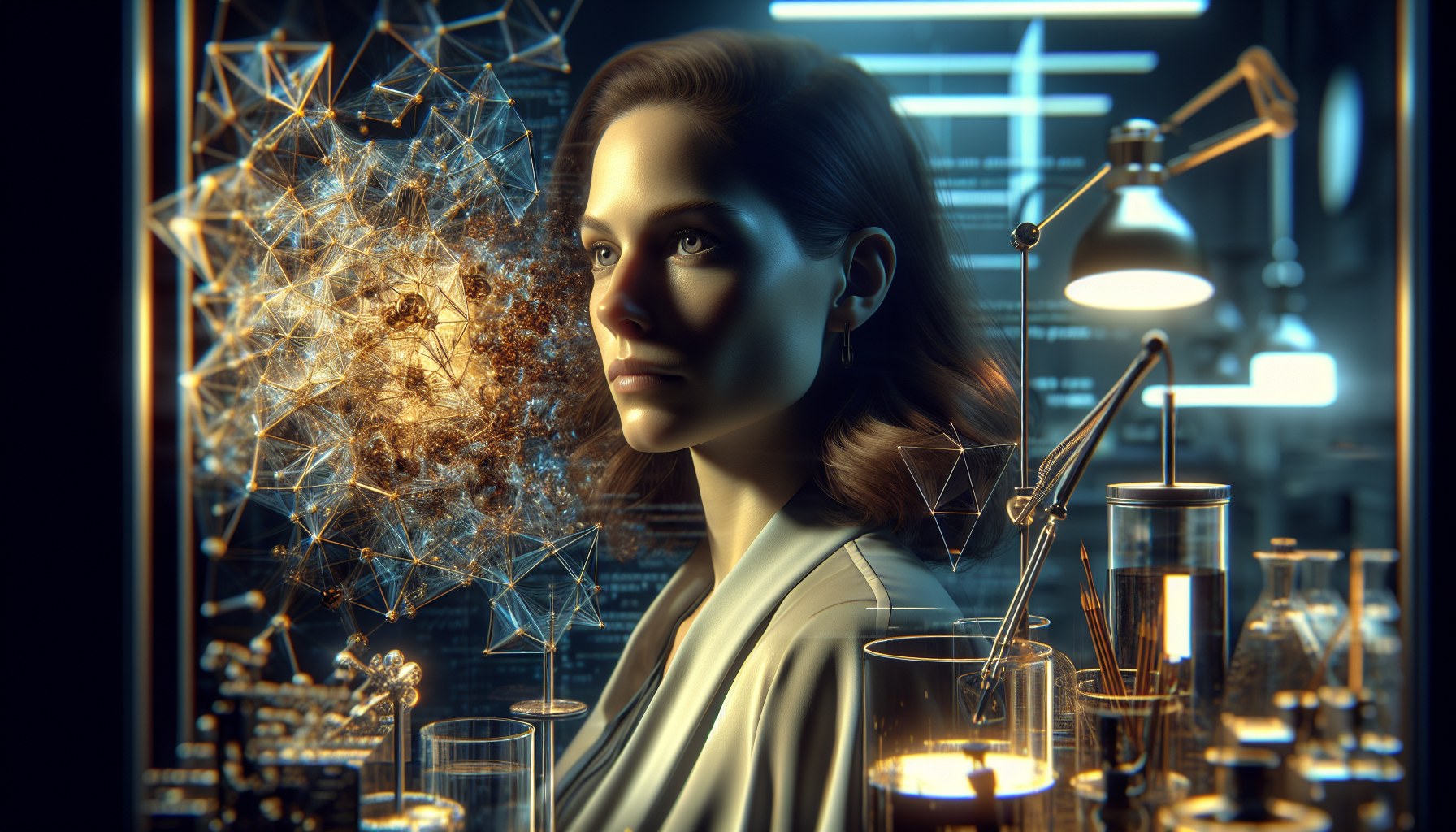Create an environmental portrait of an individual in their workspace. The subject is Caucasian female scientist looking 