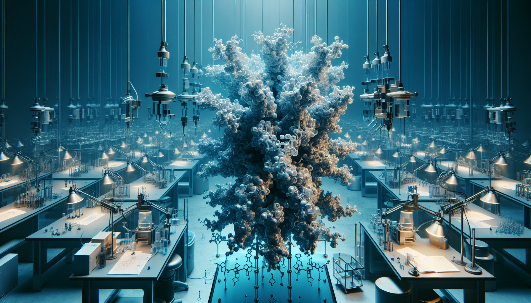 Magnify your perspective to a high-angle macro view of a painstakingly assembled protein structure. This scene, absent o