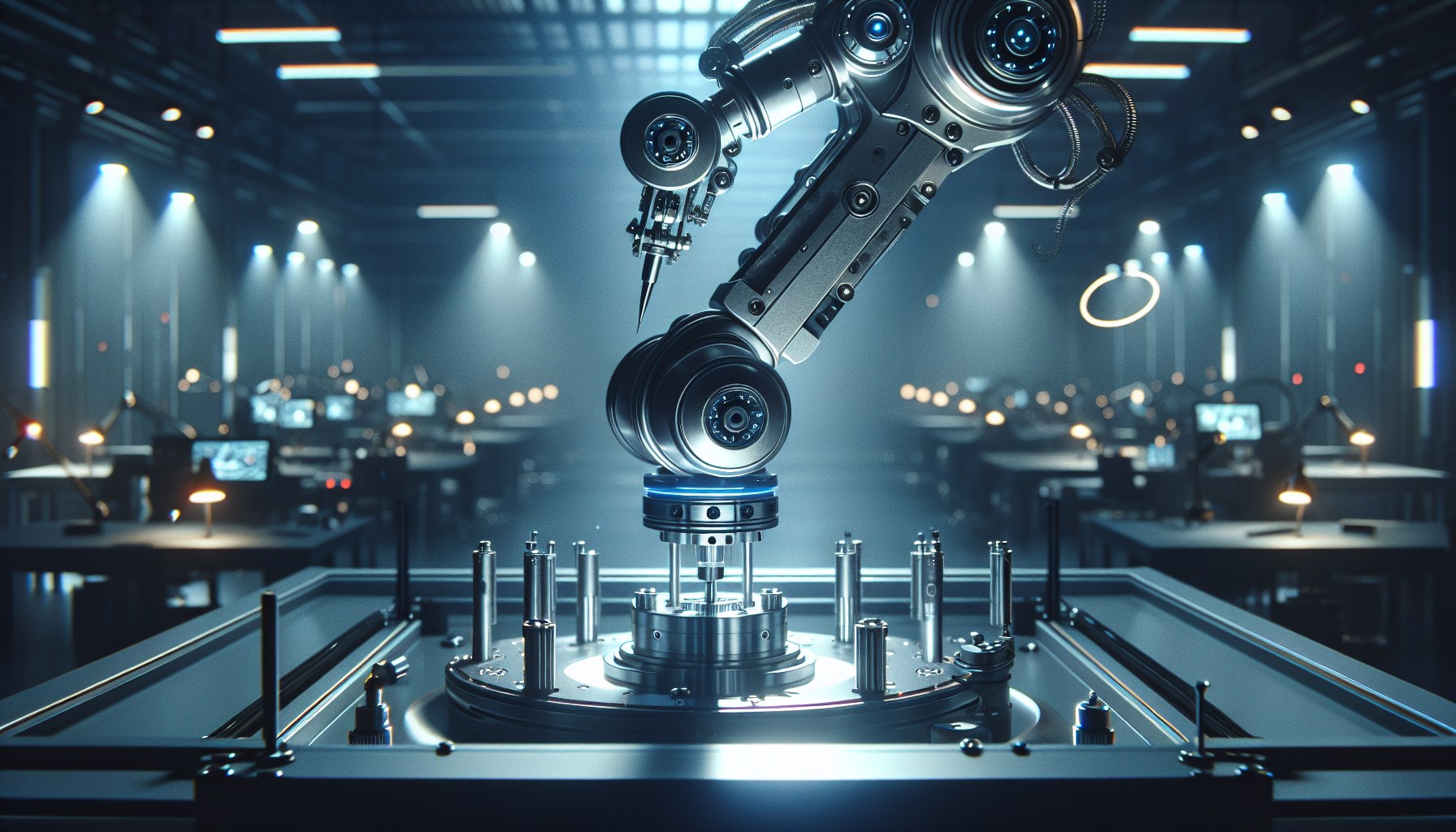 Craft an image that encapsulates an abstract, close-up view of a sophisticated robotic arm in action within an industria