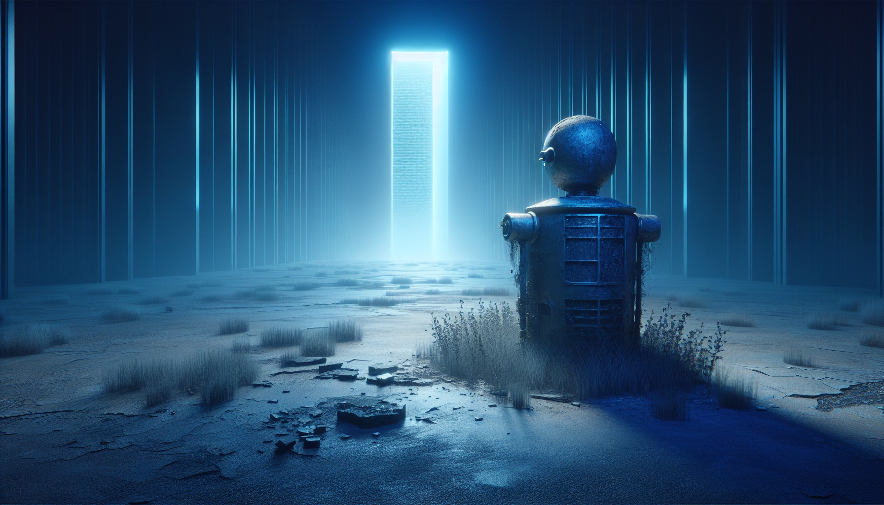 A photorealistic, wide-angle image capturing a desolate scene in a somber color palette. At the forefront is a decaying 