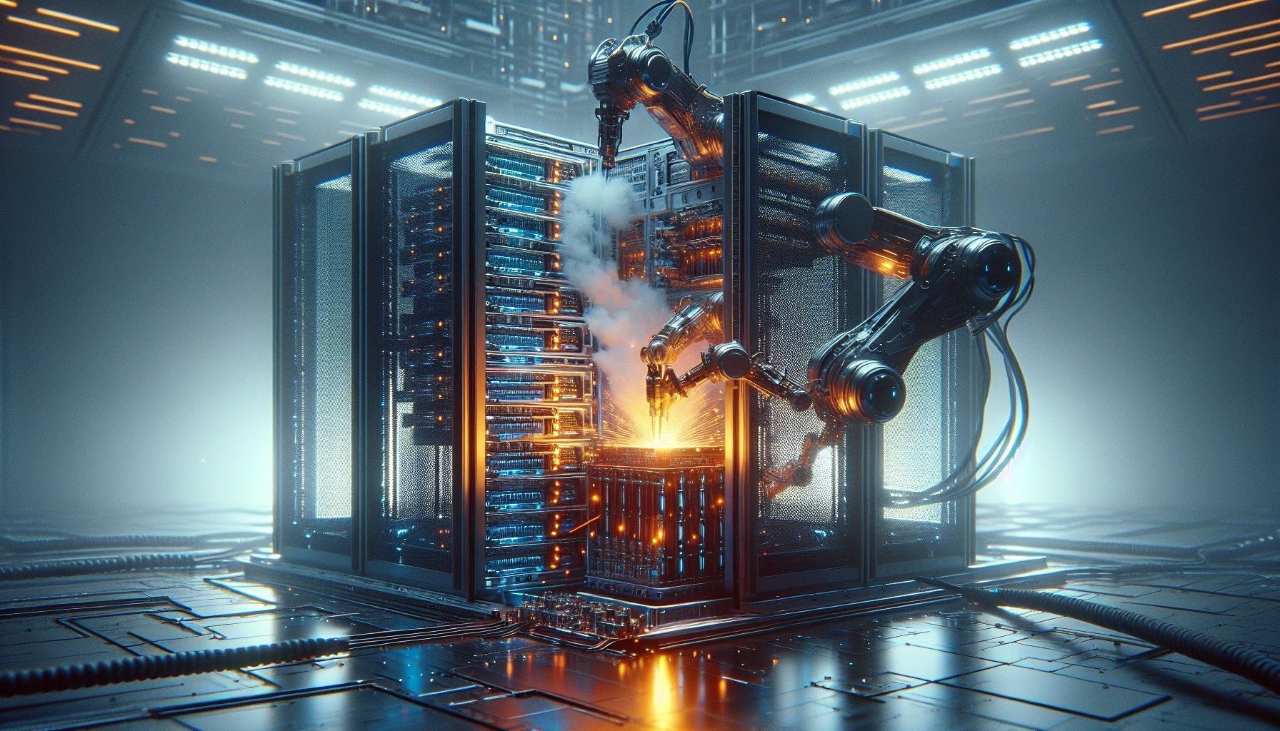 A richly detailed macro-abstract image, devoid of any text or conspicuous branding. The scene centers around a sleek, mi