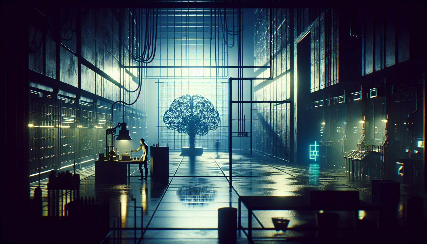 Picture a scene capturing the essence of technological advancements and humanity's interaction with it. The scenario unf