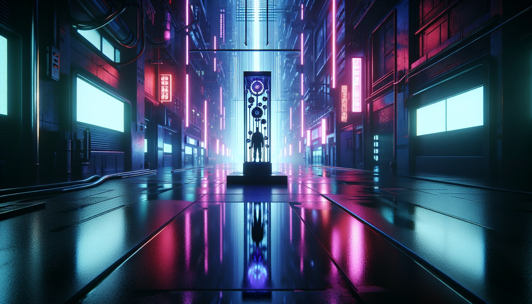 Visualize a cyberpunk urban-tech scene without any form of text. A single silhouette stands immersed in an environment s