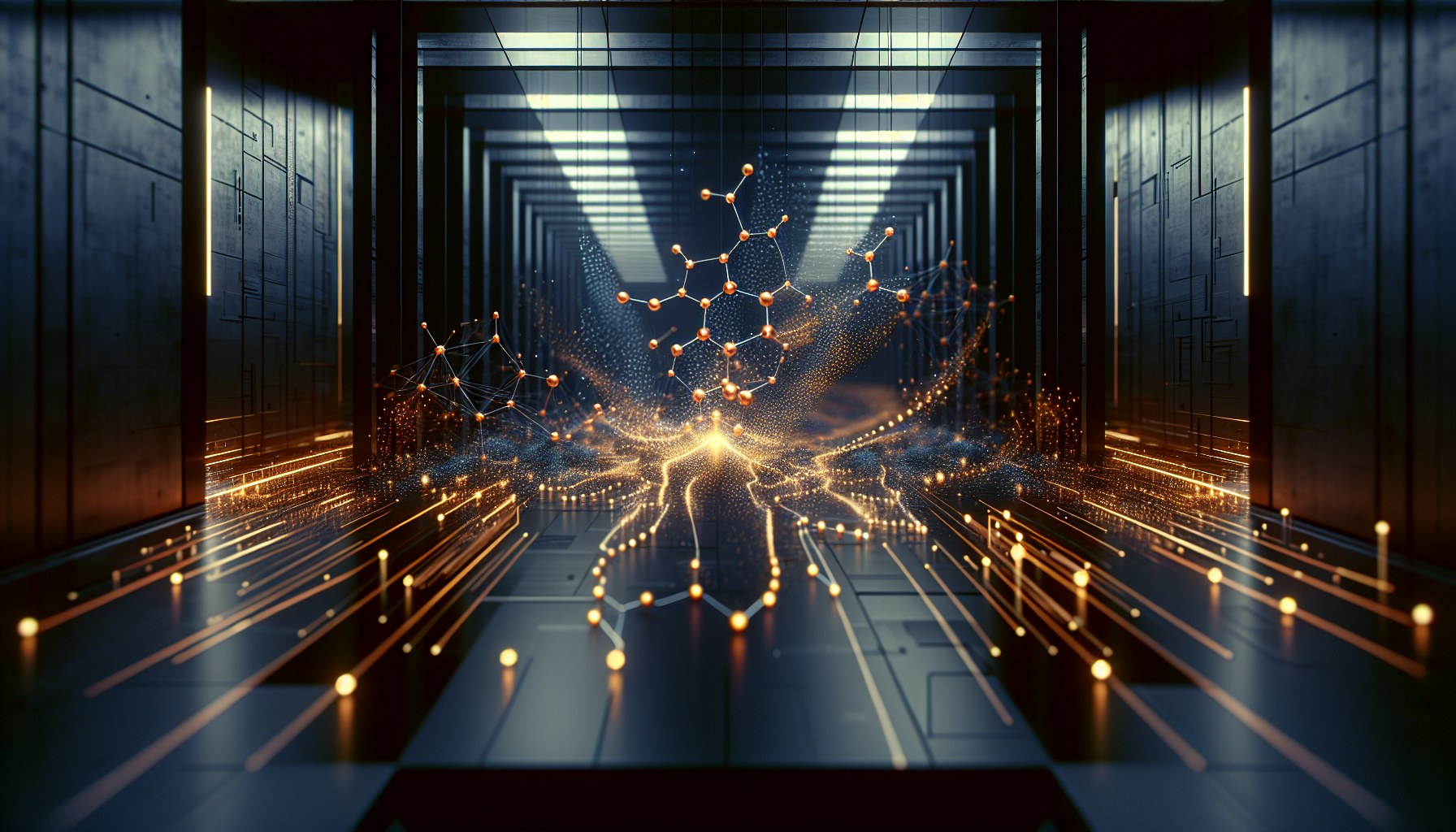 Create a wide 16:9 composition for an article header, alluding to a high-angle view of a sleek, dark laboratory. The sce