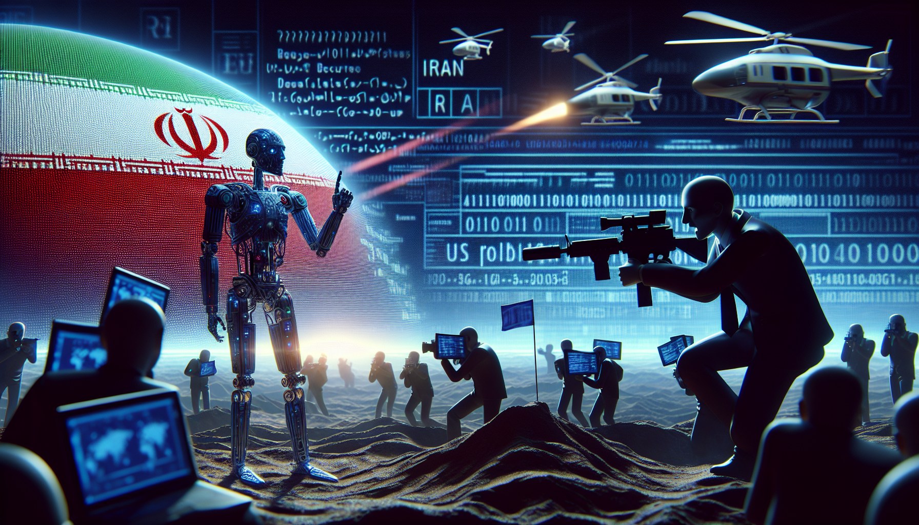 Please create an editorial illustration that encapsulates the tension between AI regulation, digital security, and forei